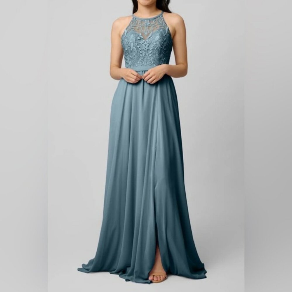 NWT Kennedy Blue Evening Gown Front Slit Bridesmaid’s Dress In Slate Blue